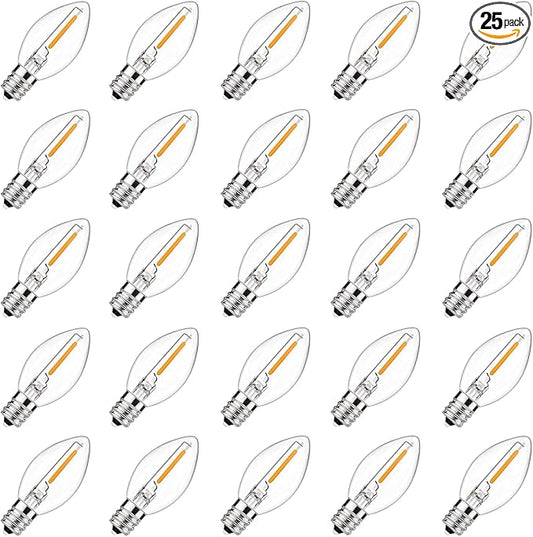 GOOTHY 25 Pack C7 Led Replacement Christmas Light Bulb, 0.6W C7 Clear Glass LED Bulbs for Christmas Outdoor String Lights Electric Window Candles, E12 Candelabra Base Night Light Bulbs, Warm White