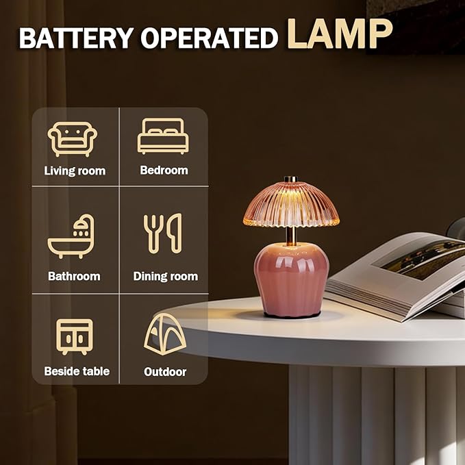 MJ PREMIER Small Cordless Lamp, Battery Operated Lamp with Timer, Mini Crystal Glass Mushroom Lampshade, Cute Small Table Lamps, Decorative Led Light for Bedroom Living Room Shelf (Pink)