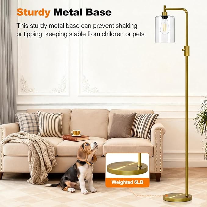 【Upgraded】Dimmable Floor Lamp for Living Room with Clear Glass Lampshade, Brass Modern Floor Lamp with 900LM Edison Bulb Included, Bright Standing Tall Lamp for Bedroom, Office, Reading Room, Corner