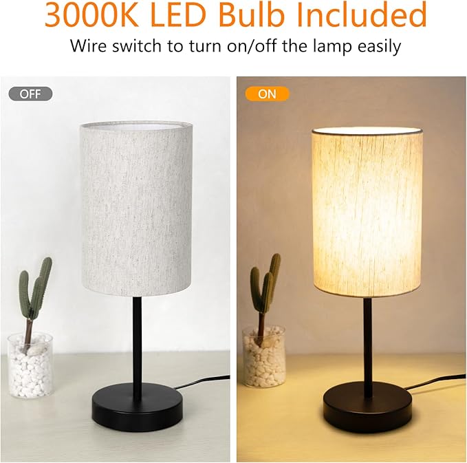 2 Pack Small Table Lamps for Bedroom, Bedside Lamps for Nightstand with Wire Switch, Minimalist Modern Desk Lamps with Linen Fabric Shade for Kids Room Living Room Office Dorm, Bulb Included