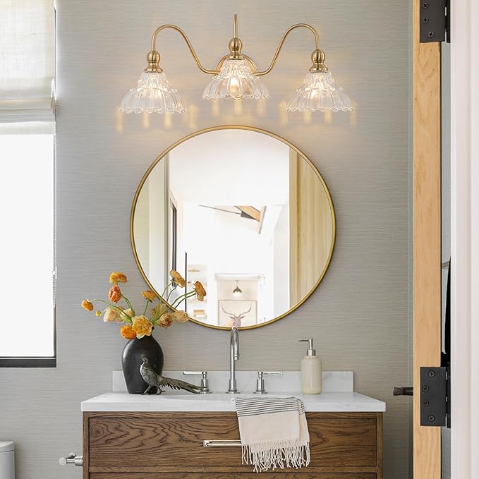 Vintage Bathroom Light Fixtures Over Mirror, 3-Light Brass Wall Sconce Lighting with Flower Glass Shade, Farmhouse Vanity Lights for Bedroom Kitchen Living Room Hallway Light