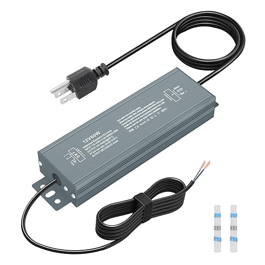 12V LED Driver 60W 10.8FT 12V LED Power Supply 5A 110V AC to DC Converter 12Volts Transformer Waterproof IP68 Ultra Thin Adapter 12 V 5A Power Supply 60Watts for LED Strip Light Surveillance Camera