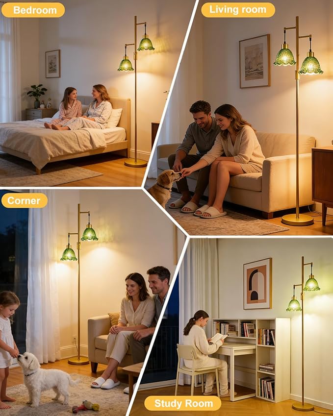 65IN Glass Floor Lamp, 2-Light Gold Tall Standing Lamps Dimmable with Green Glass Lampshade, 3000K Warmwhite Mid Century Modern Floor Lamp for Living Room/Bedroom/Sofa Beside/Home Decor
