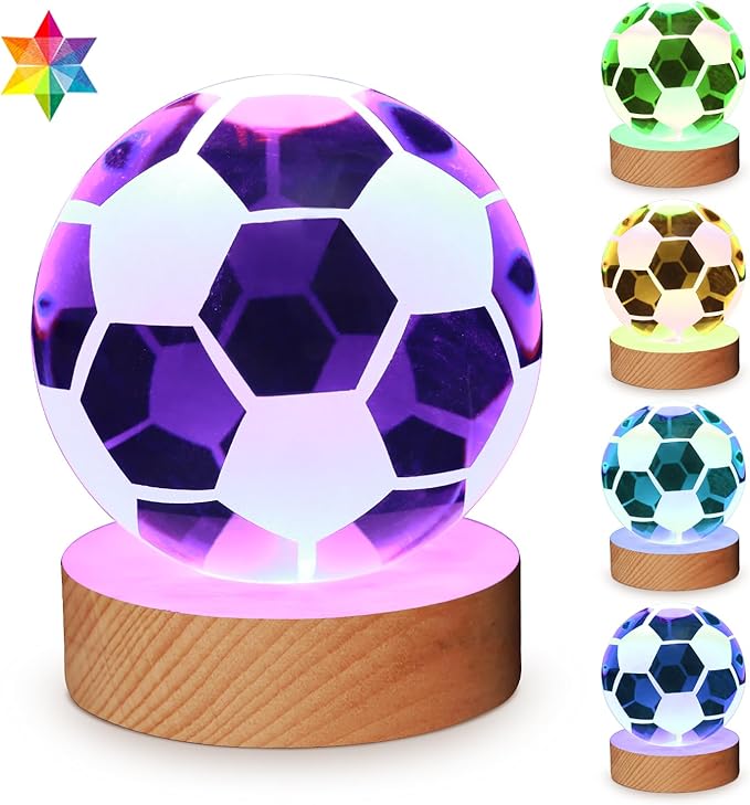 3D Soccer Crystal Ball Lamp,3.15inch Multi-Color Changing Bedroom Decor Night Lights,Christmas Birthday Gifts for Boys,Girls