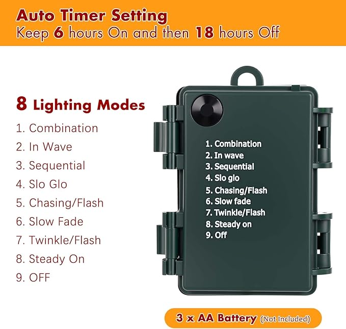 Brightever C9 Battery Christmas Lights, 35FT 50LED Christmas Tree Lights Indoor with Timer & 8 Lighting Modes, Waterproof Battery String Light for Party Wedding X-mas Decoration, Warm White, 1-Pack