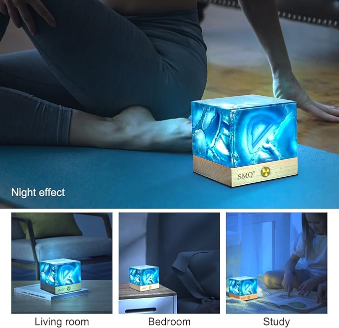 SMQ Blue Agate Crystal Night Light Handmade Polished Healing Crystal Stones Gemstone Square Touch Nightlight Lamp with USB Charging Port for Living Room,Shelf,Office Decor