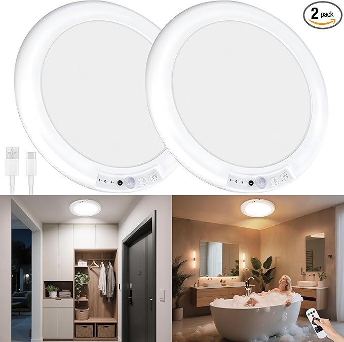 maylit 2 Pack Rechargeable Ceiling Lights, Motion Sensor Lights No Wiring, Wireless Closet Lights Battery Operated, for Bathroom Laundry Room Kitchen Porch Stair Hallway Shower Pantry Garage