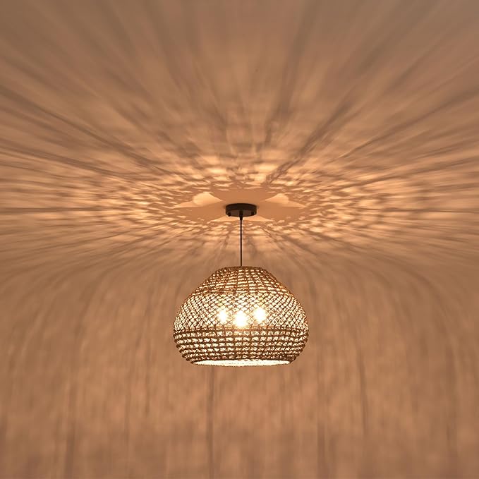 19.29” Large Rattan Pendant Light,3-Light Wicker Chandelier Light Fixture,Boho Kitchen Island Hanging Seagrass Rustic Lighting for Dining Room, Farmhouse,Foyer