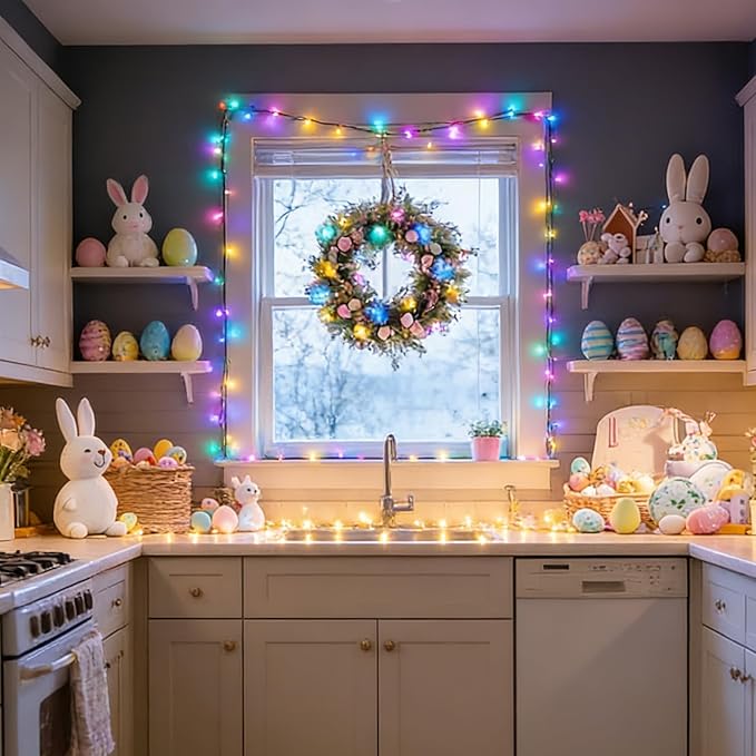 LAMPHOME Pastel Easter Lights String, Multicolor Christmas Mini Light, 32.5FT 100 LED with 16 Light Modes Green Wire, Fairy Lights Plug in for Outdoor Xmas Trees Garland Wreath Holiday Decorations