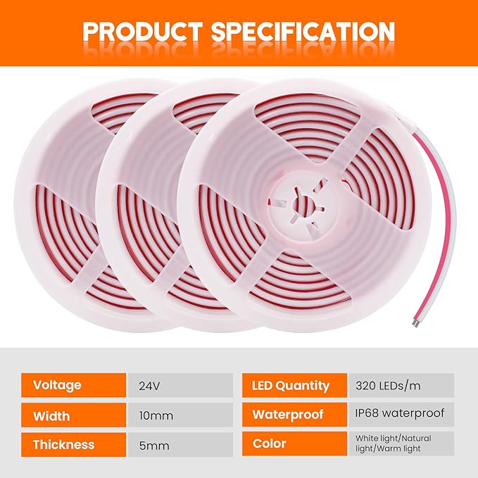 24V COB Neon Strip, 320LEDs/m Ultra-Bright Flexible COB Neon LED Strip, Outdoor Waterproof IP68 Self-Adhesive Tape, Red/White 2-Wire LED Fairy Lights for Patio, Christmas（Neutral White,2M）