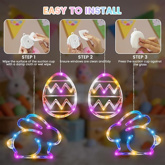 BHCLIGHT 4 Pack Easter Window Lights, Multicolor Bunny and Egg Lights, Battery Operated Easter Window Decorations Light up with Suction Cup and Timer Function for Indoor Window Glass Wall Party Decor