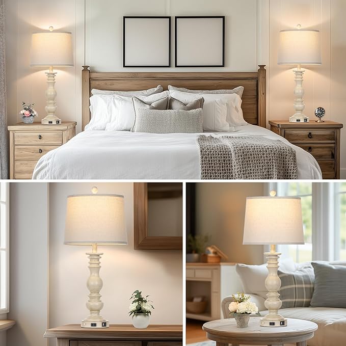 28" Farmhouse Table Lamps Set of 2 with USB C+A Ports & AC Outlet for Vintage Living Room Retro Bedroom,3-Way Dimmable Touch Lamp Resin Bedside Lamps for Nightstand Side End Table, Beige