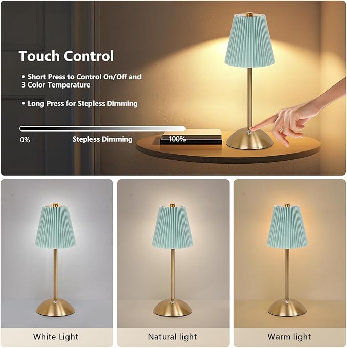 Cordless LED Blue Table Lamp with Dimmer, Built-in Rechargeable Battery, 3-Level Brightness, Patio Table Lamp, Bedside Night Lamp, Ambient Light for Restaurant, Antique Brass (Baby Blue)
