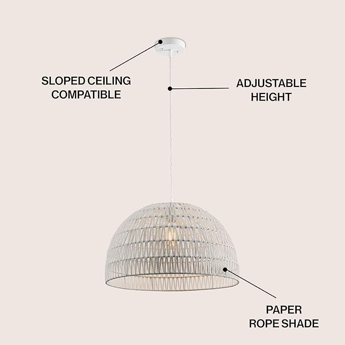 JONATHAN Y 20" White Modern Bohemian Woven Rope LED Pendant Light Fixture, Adjustable Dome Ceiling Lamp for Kitchen Island, Rope Shade, Coastal Farmhouse Decor (JYL6504E)