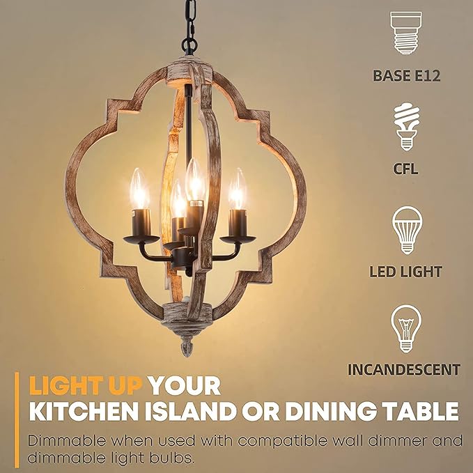 16.14" 4-Light Farmhouse Wood Chandelier, Rustic Orb Pendant Lighting Fixture with Adjustable Chain, Vintage Ceiling Hanging Lights for Foyer Entryway Dining Room Kitchen Island, Handmade Oak Finish