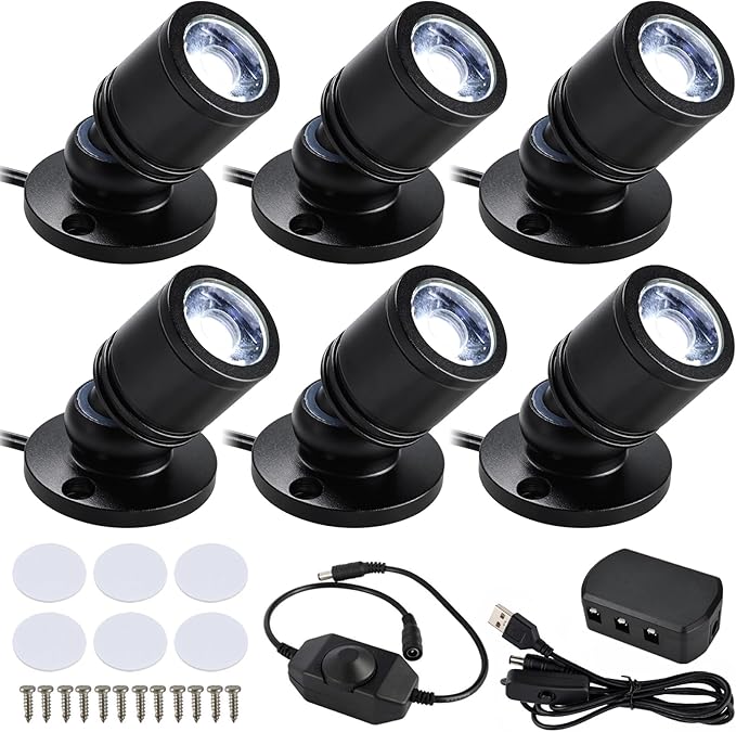 YaeCCC Dimmable Mini LED Spotlight, 6-Pack Daylight 6400K, USB Powered Accent Lighting for Plants, Jewelry Showcase, Model Display Shelves