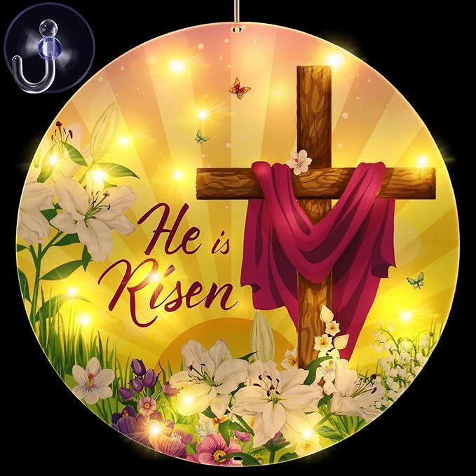 Geelin 11 Inch Easter Window Light He is Risen Decorations Spring Christian Jesus Cross Religious Sign LED Happy Easter Party Supplies for Indoor and Outdoor Farmhouse Wall Decor (Cross)
