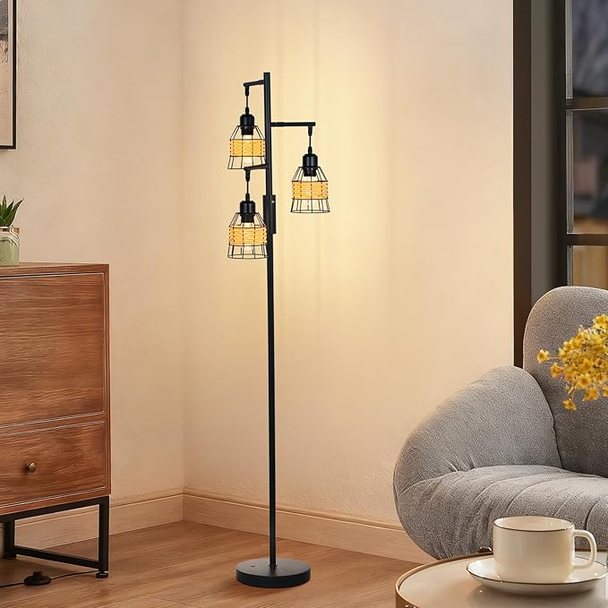 Rattan Boho Rechargeable Cordless Floor Lamp with Remote Dimmable 3 Bulb Edison E26 Brown Warm Light Vintage Standing Lamp for Bedroom,Outdoor,Living Room Rustic,Patio,Farmhouse,60.6" Black