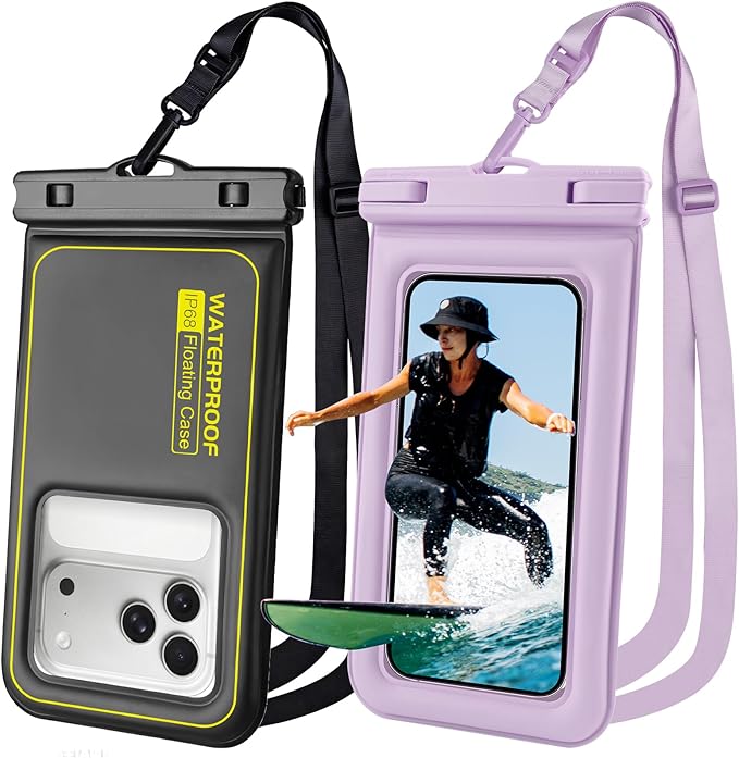 Floating Waterproof Phone Pouch 2 Pack, IP68 Waterproof Phone Case, Up to 8.3" Dry Bag for iPhone 17 16 15 14 Pro Max Samsung S25 Ultra S24 S23, Kayak/Beach/Cruise Travel Essentials - Black+Purple