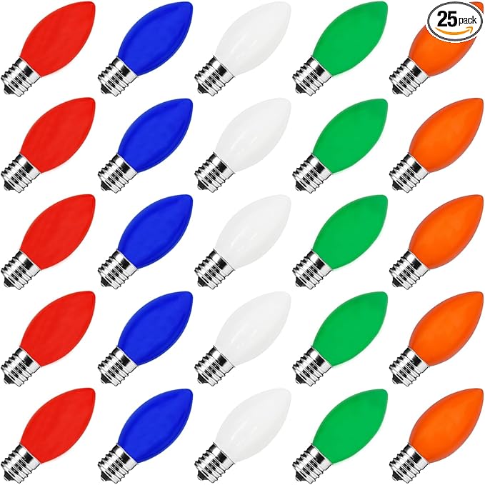 C9 LED Christmas Light Replacement Bulbs, 25 Pack C9 Ceramic Multicolor Glass Light Bulbs, Vintage Christmas Bulbs for Xmas Indoor Outdoor String Lights, E17/C9 Intermediate Base, 0.6 Watt