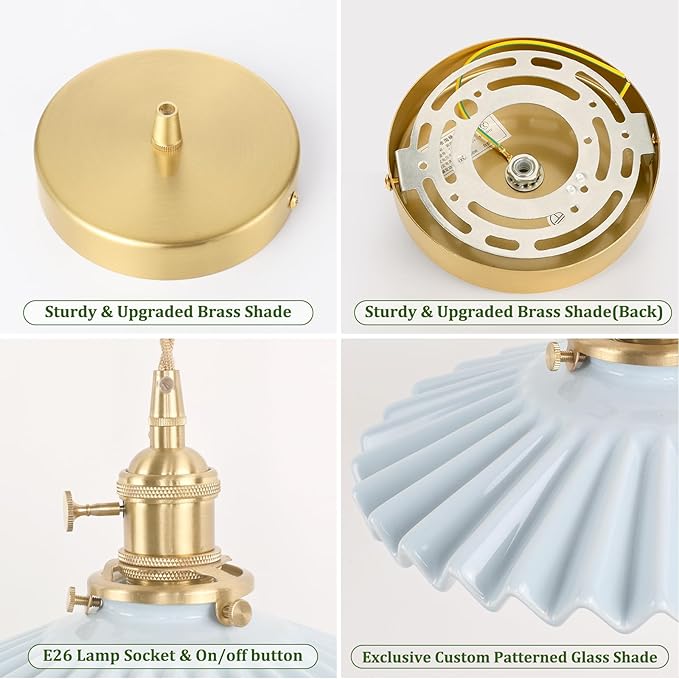 Pendant Light with Blue Pleated Ceramic Lmapshade, Brass Vintage Pendant Light Adjustable Hanging Light for Kitchen Island Dining Room Hallway