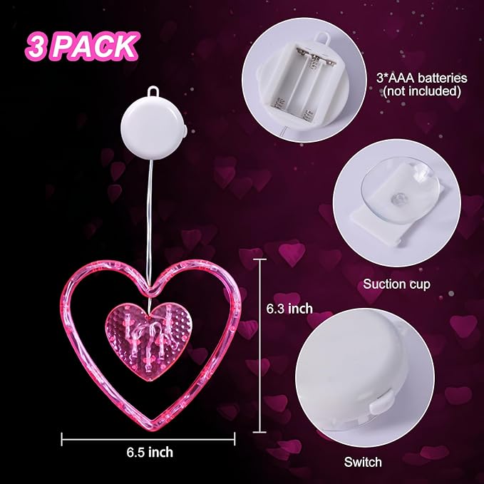 3 Pack Valentines Day Window Lights Decorations with Timer, Battery Powered Hanging Pink Lighted Heart Shaped Sucker LED Lamp for Indoor Home Decor