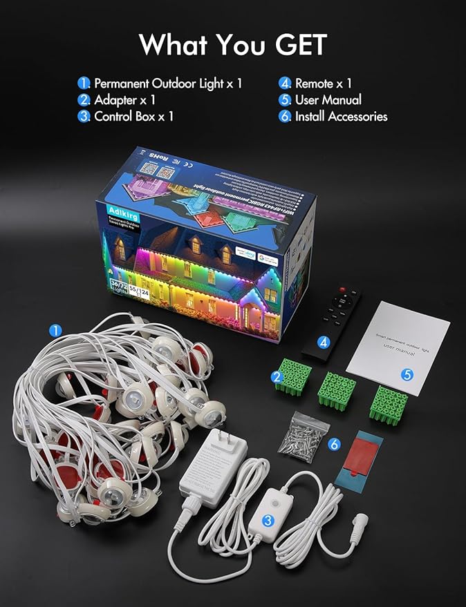 Permanent Outdoor Lights, RGB+IC Christmas Lights Outdoor with 51 Scene Modes, 124ft with 72 LED Outside Light for House, IP67 Waterproof , Work with Alexa, Google Assistant, Quick Installation