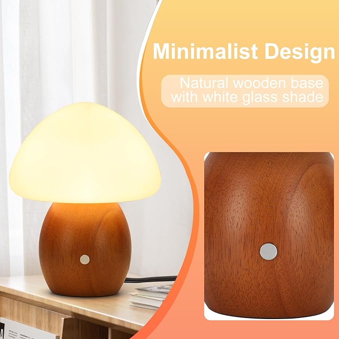 Mushroom Lamp with Touch Control Switch, Small Wooden Table Lamp with Glass Shade, 3 Way Dimmable Nightstand Lamp for Bedroom, G9 LED Bulb Included (Brown Color&Opal White Glass Shade)