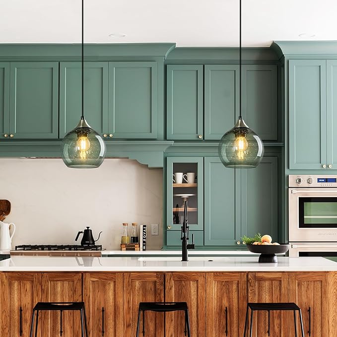 Gray Green Glass Pendant Lights Kitchen Island Lighting Globe Pendant Light Fixtures Modern Pendant Lighting for Kitchen Island Bedroom Living Dining Room Light Fixture(5.9in, 2-Pack)