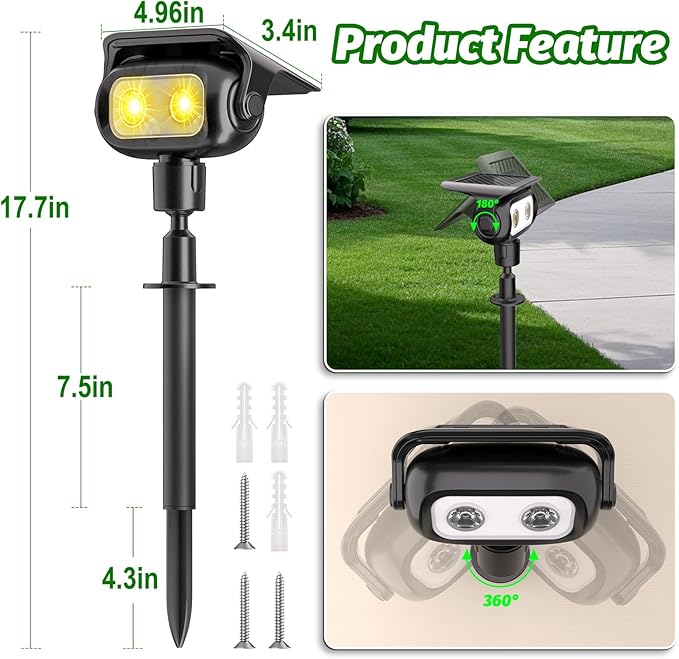 Nreonrick Solar Spot Lights Outdoor Waterproof, 360° Adjustable Landscape Lighting with 2Lighting Mode, Auto On/Off Solar Lights Outdoor for Wall Pathway Garden Decorations (Warm White, 4 Pack)