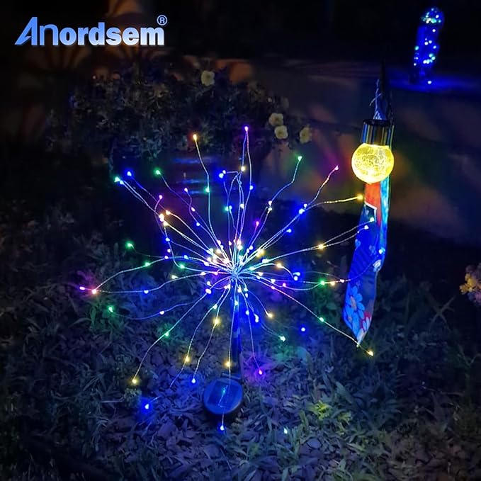 Anordsem Solar Garden Lights Outdoor: 4 Pack Bendable Copper Wire with 120 LED Firework Beads - Waterproof Colorful Lighting DIY Decoration Patio Pathway - Gardening Gifts for Homeowner