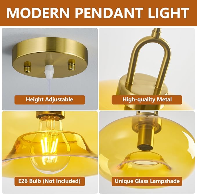 Yellow Glass Pendant Lights Kitchen Island Gold Pendant Light Fixtures Adjustable Height Modern Pendant Lighting for Bedroom Dining Room (11.02 in 1-Pack)