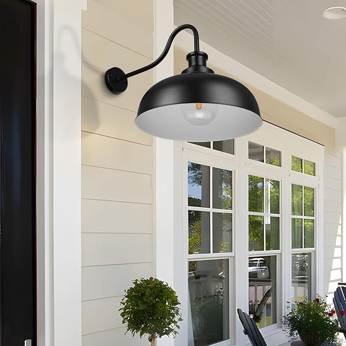 Outdoor Gooseneck Barn Light,16 Inch Dome Outdoor Wall Sconce Farmhouse Exterior Wall Mount Light Vintage Wall Lighting Fixture Industrial Black Wall Lantern for Porch, Entryway, Garage, 3 Pack