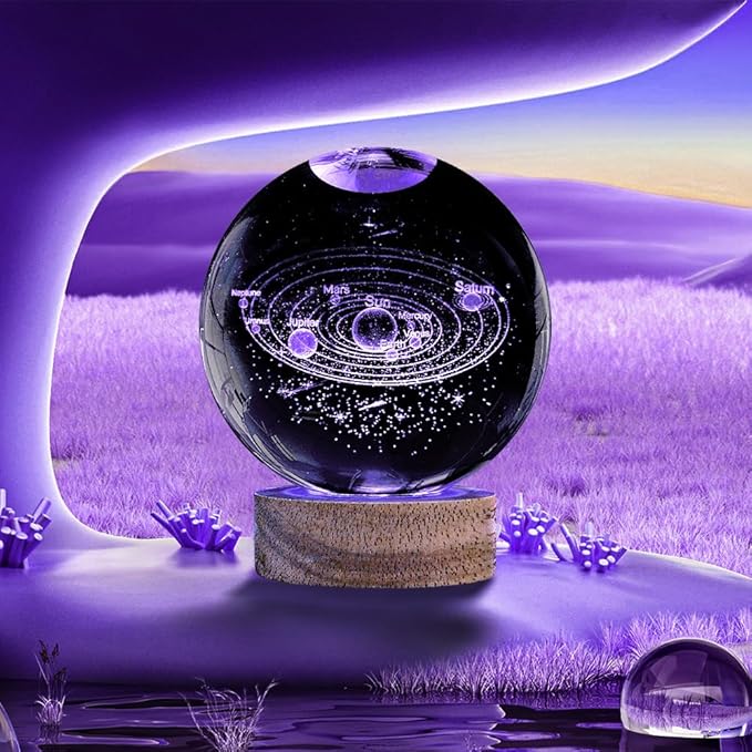 3D Solar System Crystal Ball Night Light 3.15 inch Galaxy Planet Glass Ball Lamp with 16 Color Change Wooden Base and Remote Control Astronomy Space Gifts for Kids Friend Birthday Christmas Room Decor