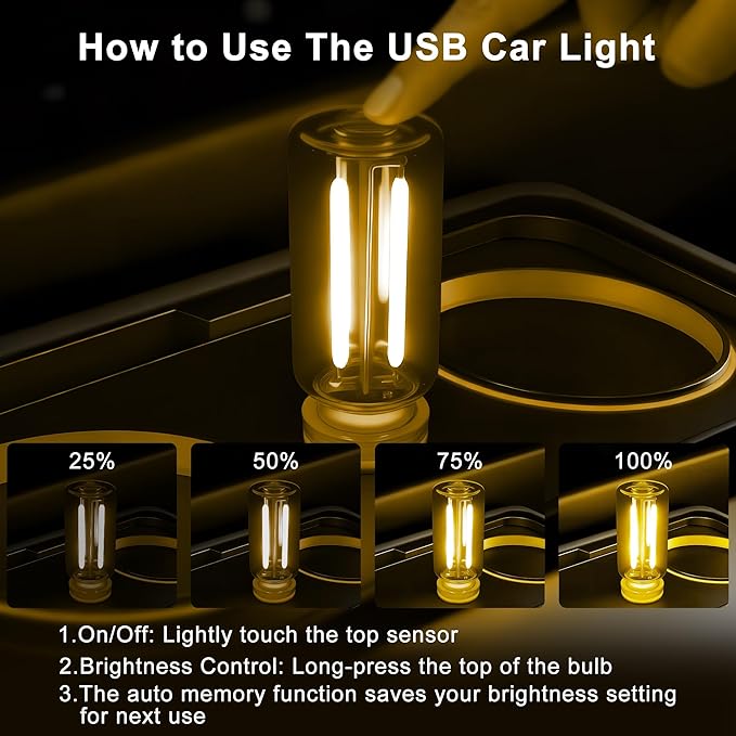 Car USB Night Light Touch Dimmable - 2-Pack Retro LED Filament Lamp for Truck Interior, Bedroom & Camping | Glass Bottle Ambiance Lighting (Yellow)