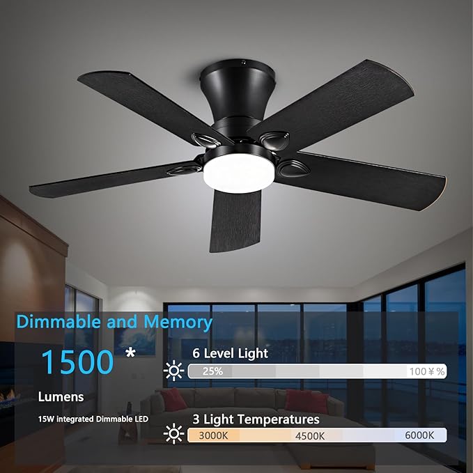 Ceiling Fans with Lights, 42 inch Low Profile Ceiling Fan with Light and Remote Control, Flush Mount, Reversible, 3CCT, Dimmable, Noiseless, Black Ceiling Fan for Bedroom, Indoor/Outdoor Use