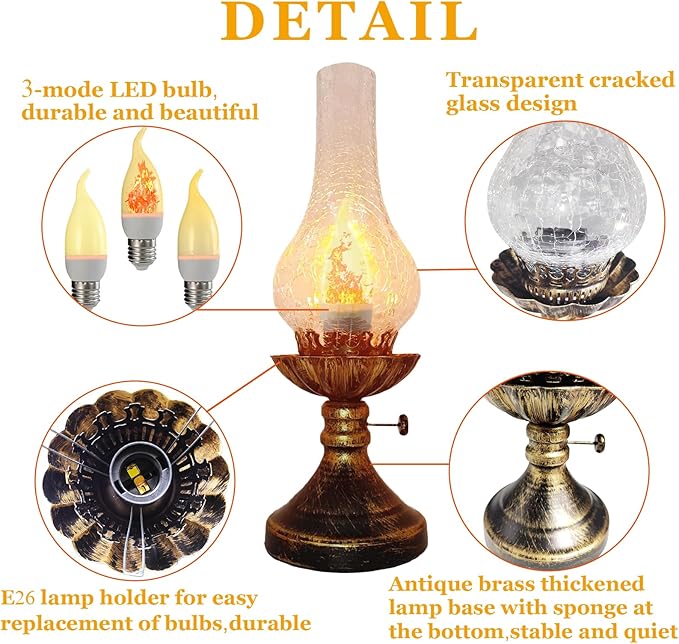 Vintage Table Lamp - 3 Modes Dimmable Retro Rustic Desk Lamp with Crackle Glass Shade, Antique Victorian Style, E26 Bulb Included, Ideal for Bedroom, Living Room, Home Decor (Transparent-Gold)