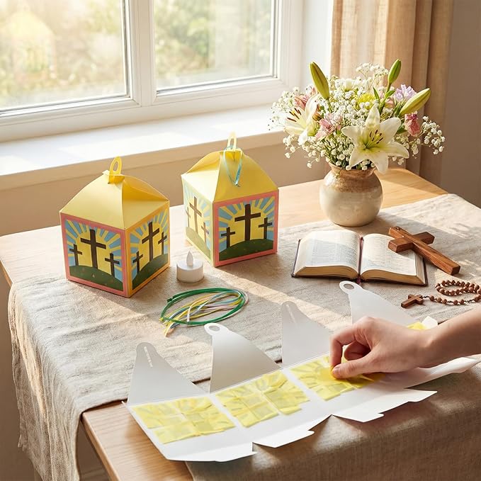 24 Sets Easter Crafts with LED Candle Light He is Risen Tissue Paper Resurrection Craft DIY VBS Christ Suncatchers Lanterns Hanging for Fun Home Activities Sunday School Christian Decoration
