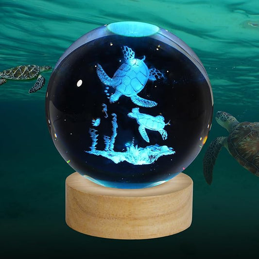 3D Sea Turtles Crystal Ball Night Light, Upgraded 3.15 Inch Glass Ball Lamp with 16 Color LED Wooden Base, Sea Turtles Decor Birthday Holiday Christmas Gifts for Boys Girls Friends