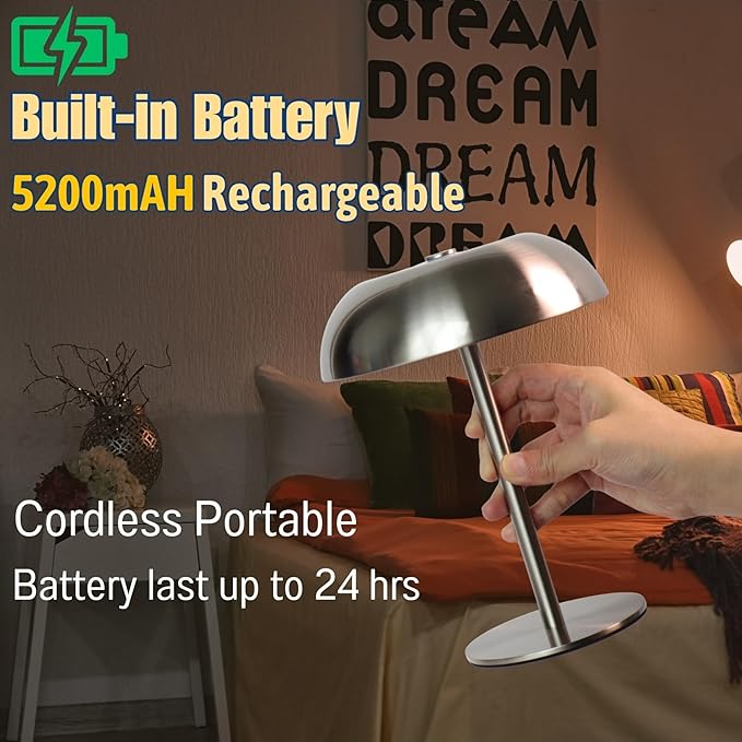 Portable Mushroom Table Lamp with 5200mAh Battery, Cordless LED Night Light with Stepless Dimming, 3 Color Modes & Adjustable Height for Bedroom, Patio, Bar Decor and Coffee Shop Ambiance (Balck-tall)