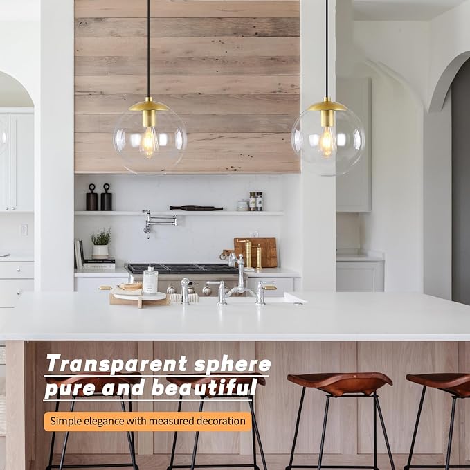 KoKo&Yukina 8 Inch Globe Pendant Lighting for Kitchen Island Mid Century Modern Hanging Light Fixture with Clear Globe Glass Gold Brass Hanging Ceiling Lights for Sink Bathroom Entryway (Bulb Incl.)