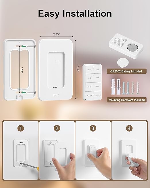 Remote Control Outlet Wireless Wall Mounted Light Switch, 2 Independent Control Outlets, 200FT RF Range, Compact Design, 15A/1875W High-Power for Lamps, Lights, Household Appliances