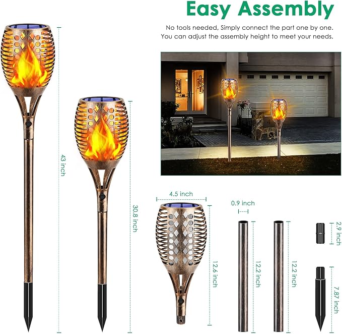 TomCare Solar Lights Upgraded, 43" Higher & Larger Waterproof Flickering Flames 96 LED Torches Outdoor Solar Landscape Decoration Lighting Auto On/Off Pathway Lights for Garden Patio,Bronze (4)