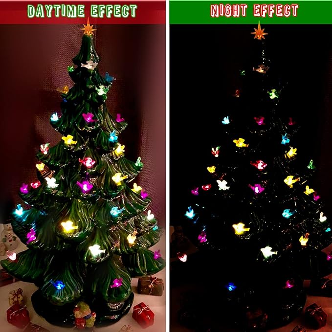 137Pcs Ceramic Christmas Tree 9 Lovely Colors Bird Replacement Bulbs Lights ＆1 Angel/4 Stars Tree Topper Ornament for Ceramic Tree Décor - Medium Plastic Pegs.