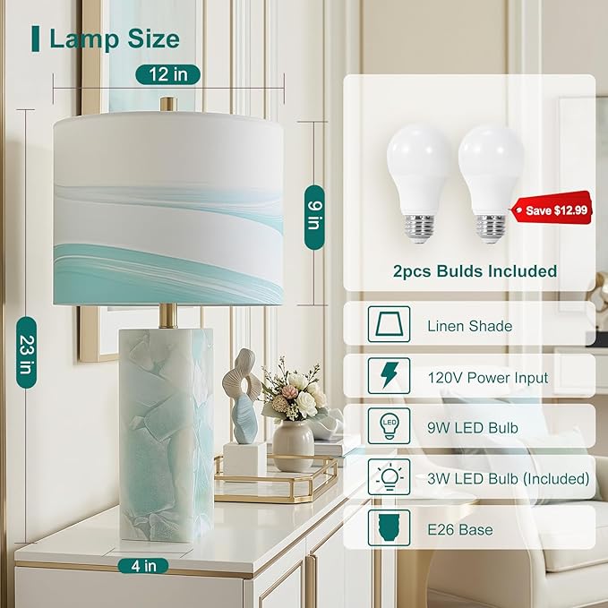 Scenekoy 23" Alabaster Table Lamp Set of 2 with Night Light for Bedroom Living Room, Rotary Switch, Blue Table Lamp with Linen Shade, Modern Nightstand Lamps for Room Bedside Bedroom (Bulb Included)