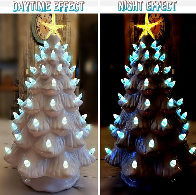 Ceramic Christmas Tree Replacement Lights Bulbs, Aqua Blue Medium Twist Plastics Pegs Ornaments for Ceramic Tree(87 Bulbs＆ 3 Topper Star)