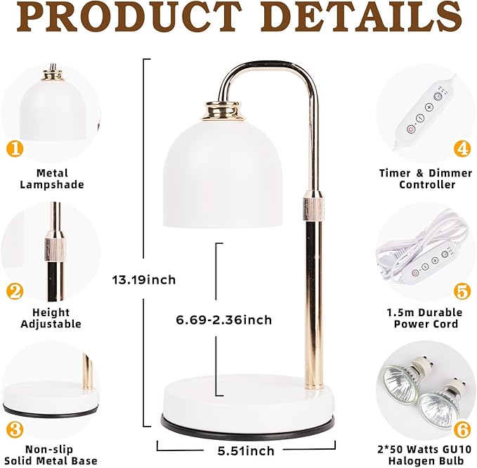 Candle Warmer Lamp with Timer Dimmable, Birthday Gifts for Women Mom, Modern Candle Warmer, White Candle Lamp for Jar Scented Candles, Home Decor, Wax Melt Warmer with 2 Bulbs