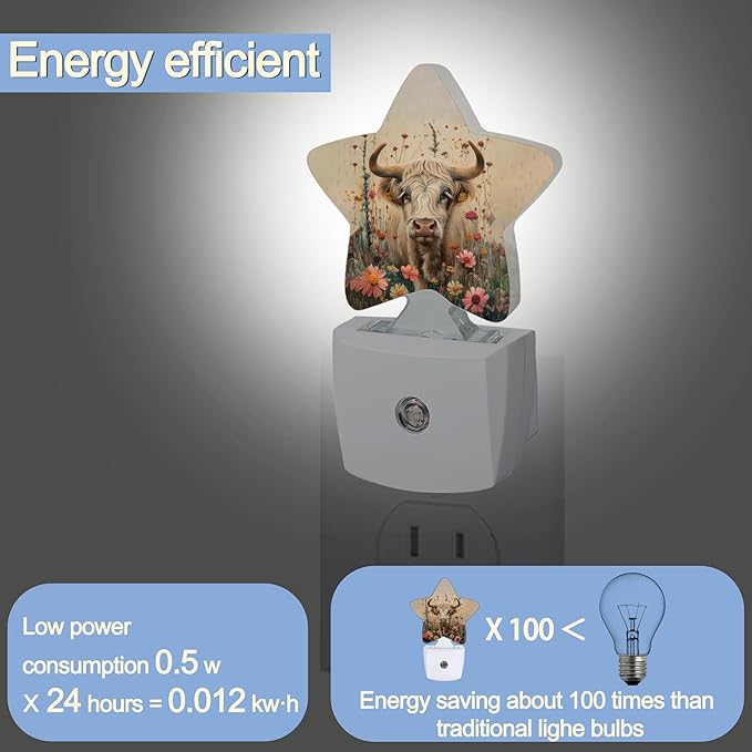 Highland Cow Night Light,Vintage Wildflowers Plug-in Star Night Lights with Dusk-to-Dawn Sensor for Bedroom,Bathroom,Living Room Sleep Friendly Lamp for Women Girls Boys Gift,0.5W