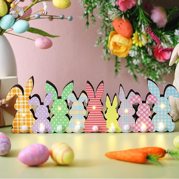 Yousoontic Easter Decorations, Bunny Easter Decor for Table with LED Lights Wood Bunny Table Centerpieces with Plush Tail 3D Block Rabbit Sign Farmhouse Decor for Spring Home Mantel Desk Office Party