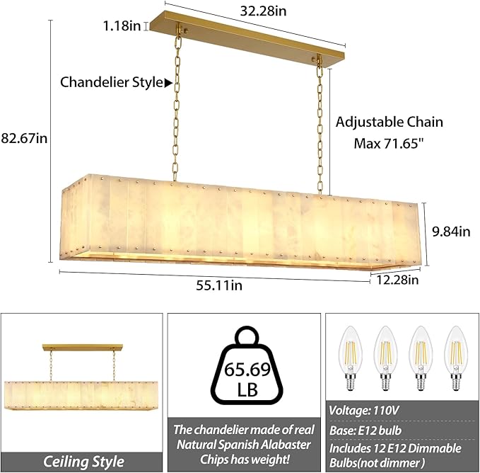 Alabaster Rectangular Chandelier L55in Spanish Natural Marble Rectangle Chandeliers,Modern Gold Large Alabaster Chandeliers for Dining Room over Table,Kitchen Island,Living Room,Included Bulbs